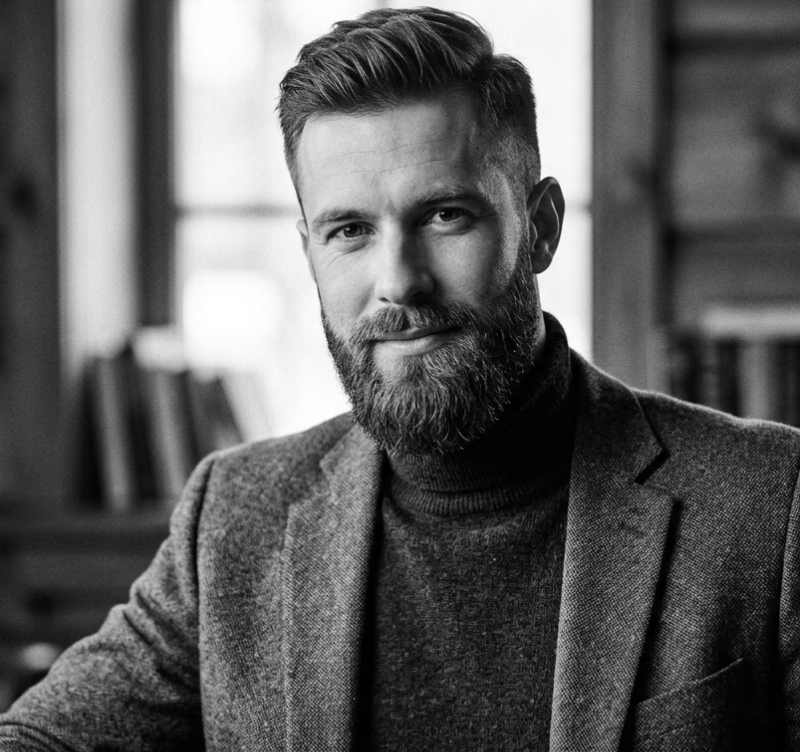 Homme élégant avec une barbe parfaitement taillée dans les rues de Paris, style coiffeur barbier professionnel
