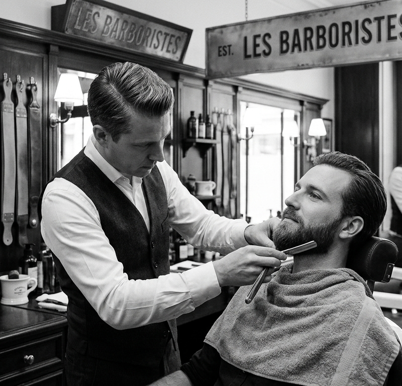 Taille de barbe de précision au rasoir chez le barbier Les Barboristes à Paris