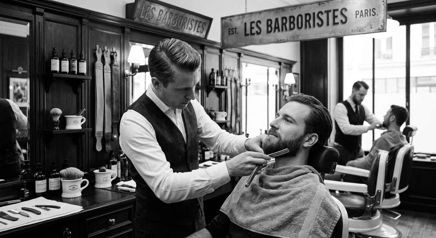Taille de barbe de précision au rasoir chez le barbier Les Barboristes à Paris